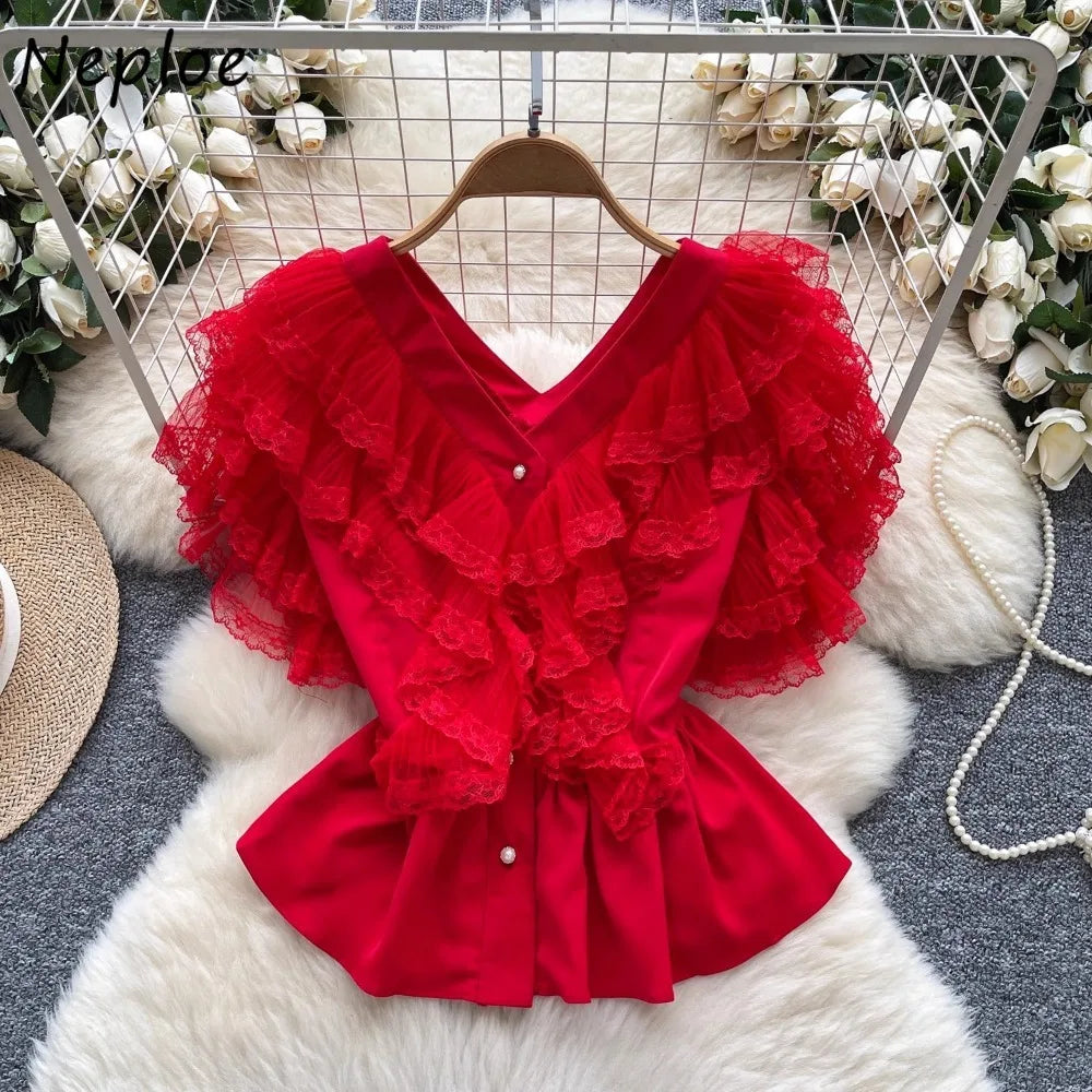 V Neck All-match Ruffles Mesh Blouse