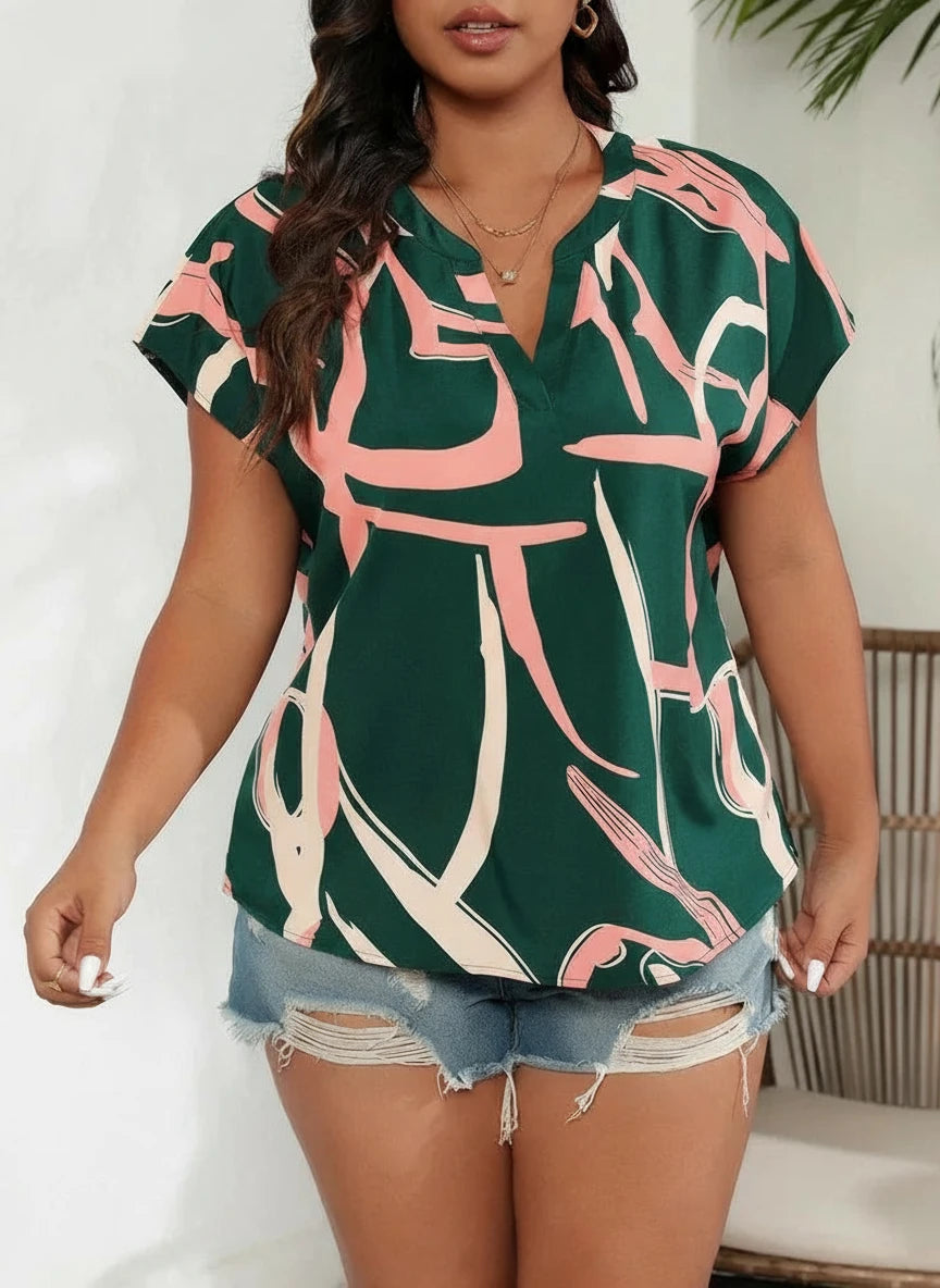 Plus Size Notch Neck Print Casual Blouse