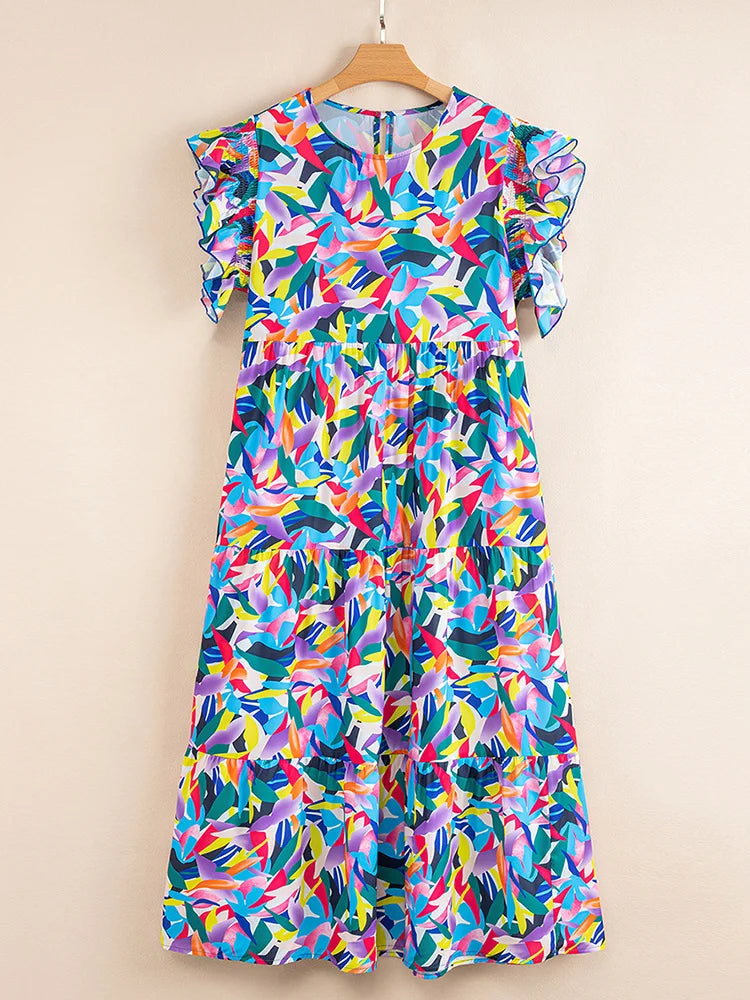 Plus Size Geo Print O-Neck Flying Sleeve Boho Ruffle Hem Loose Dress