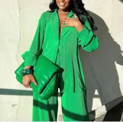 Women's Set Long Sleeve Shirt Tops and Wide Leg Pants Elegant Two Piece Set