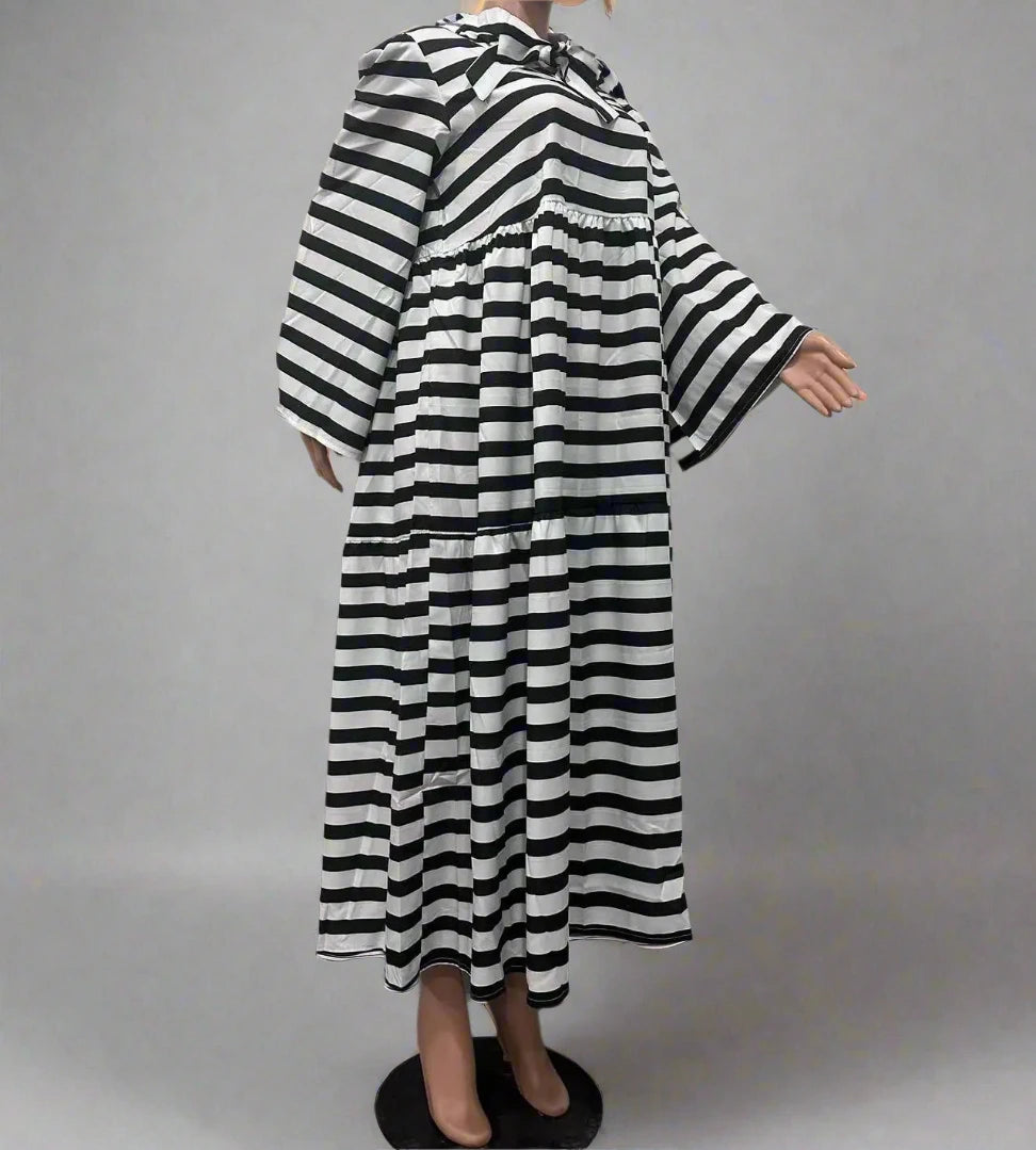 Women’s Striped Bowknot Collar Long Sleeve High Waist Babydoll Maxi Long Dress