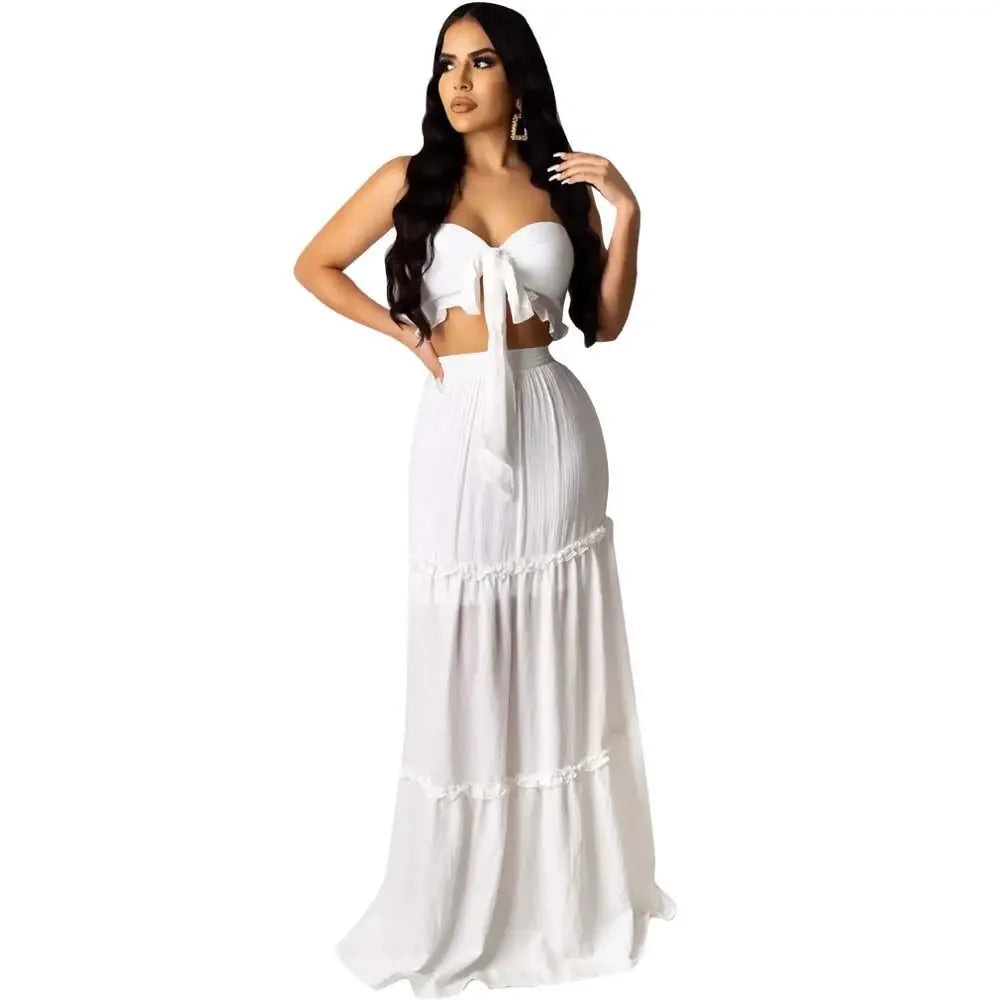 Women’s Solid Bohemian Bow Strapless Crop Top & Cascanding Ruffles Maxi Skirt Two Piece Set