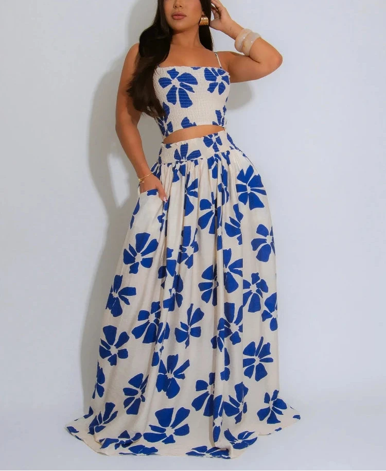 Women's Floral Strap Sleeveless Tank Top and Maxi Long Skirt