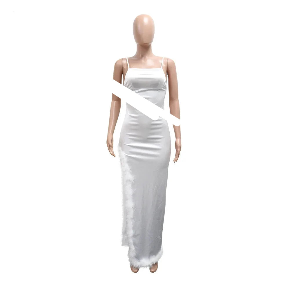 Women Spaghetti Strap High Side Split Bodycon Maxi Dress