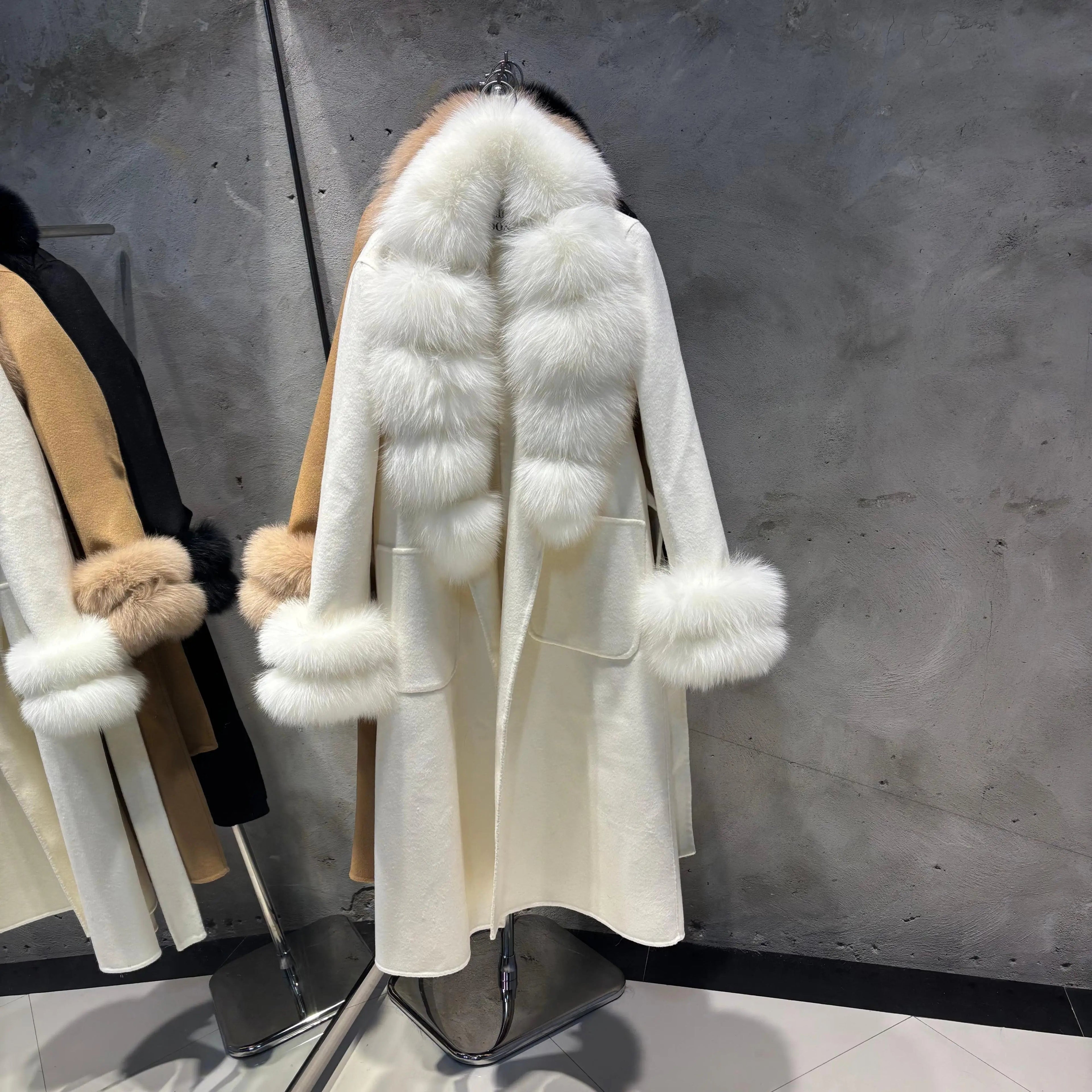 Woolen Fox Fur Collar Trench Coat Long