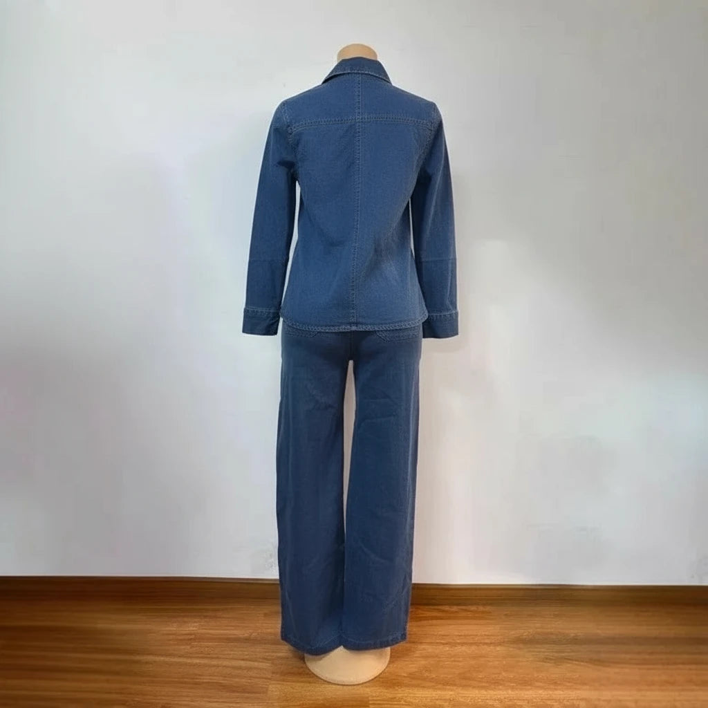Women's Long Sleeve Washed Denim Top & Wide Leg Pants Set