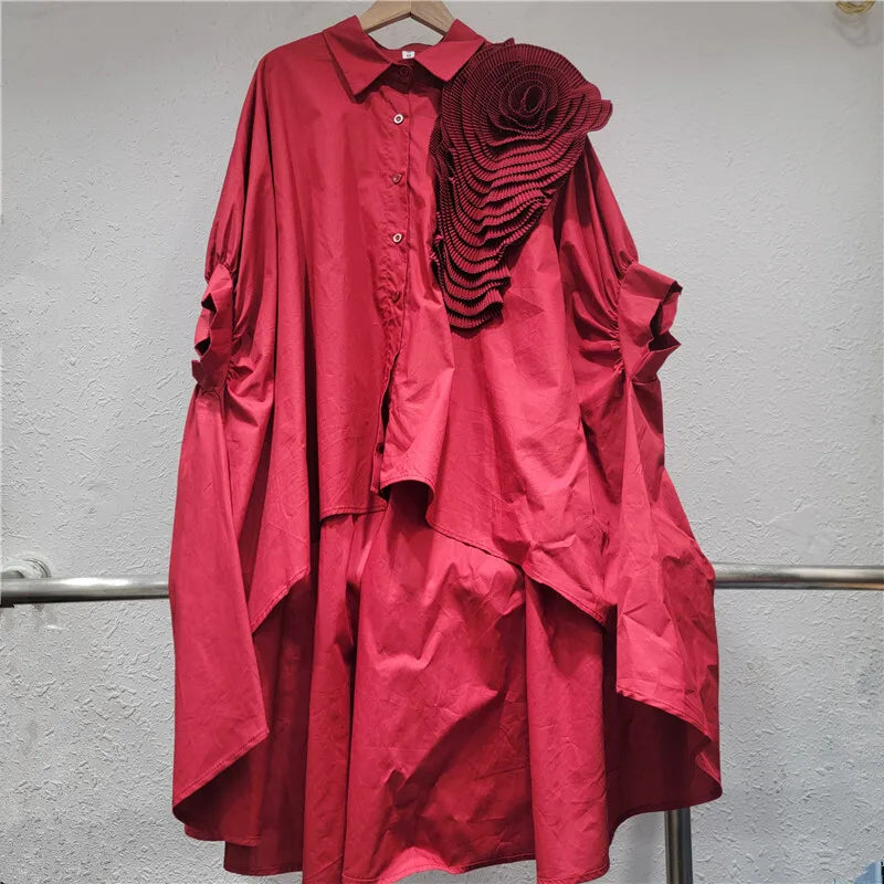 Women's Blouse Loose Irregular Solid Color Batwing Sleeve Flower Long Sleeve Casual Shirt