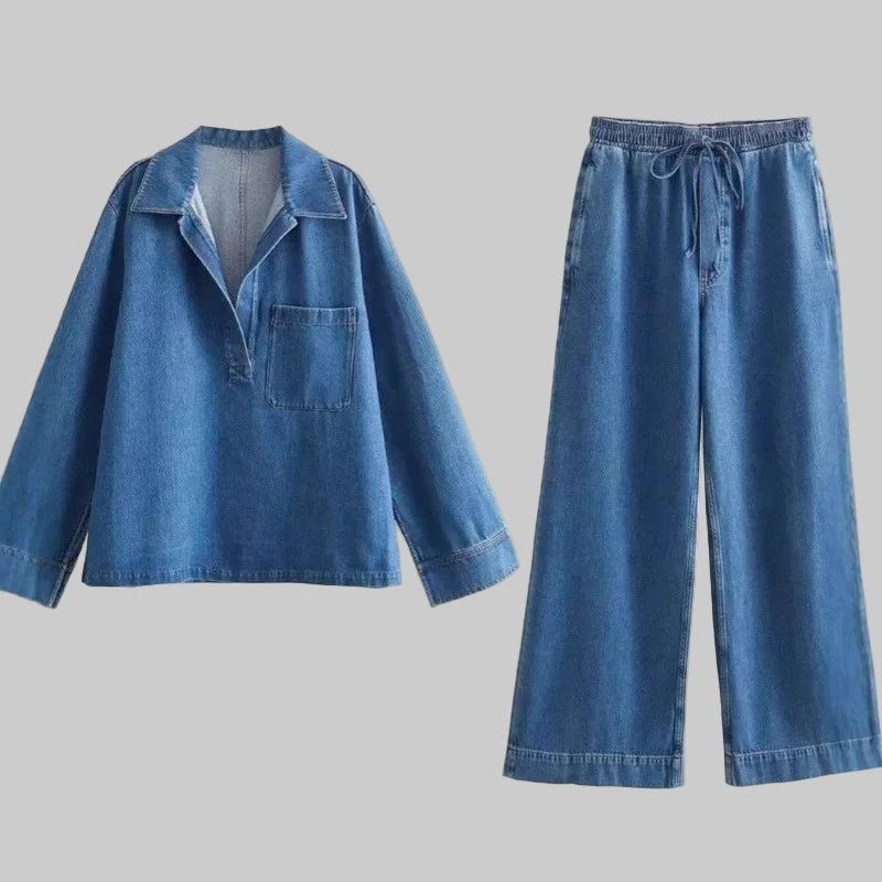 Women's Long Sleeve Washed Denim Top & Wide Leg Pants Set