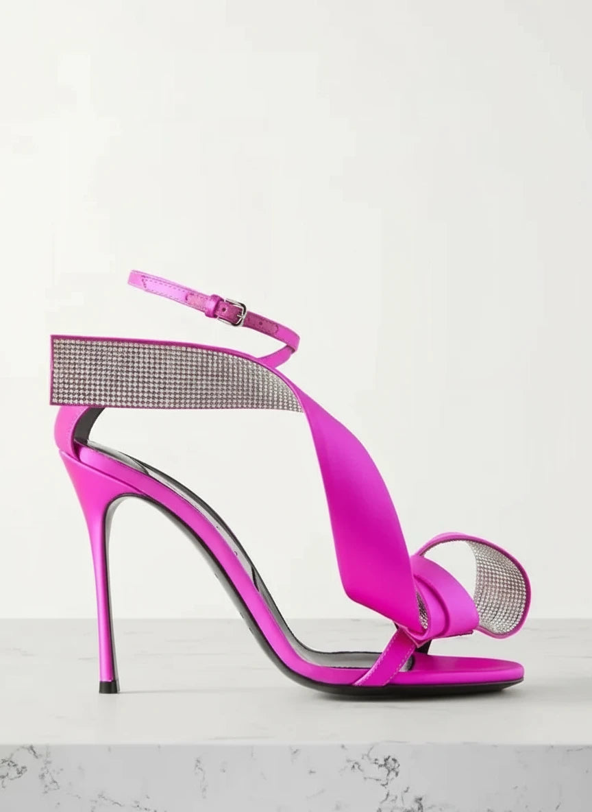 Crystal-embellished Satin Sandals Yellow Rosy Red Thin High Heel Ankle Cross Strap Crystal Women Summer Sandals High Heels