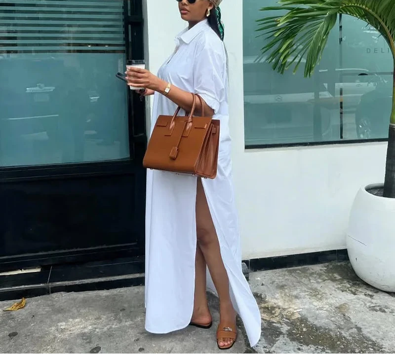 Woman’s Full Sleeve Turn-down Collar Shirt Style Maxi Dress