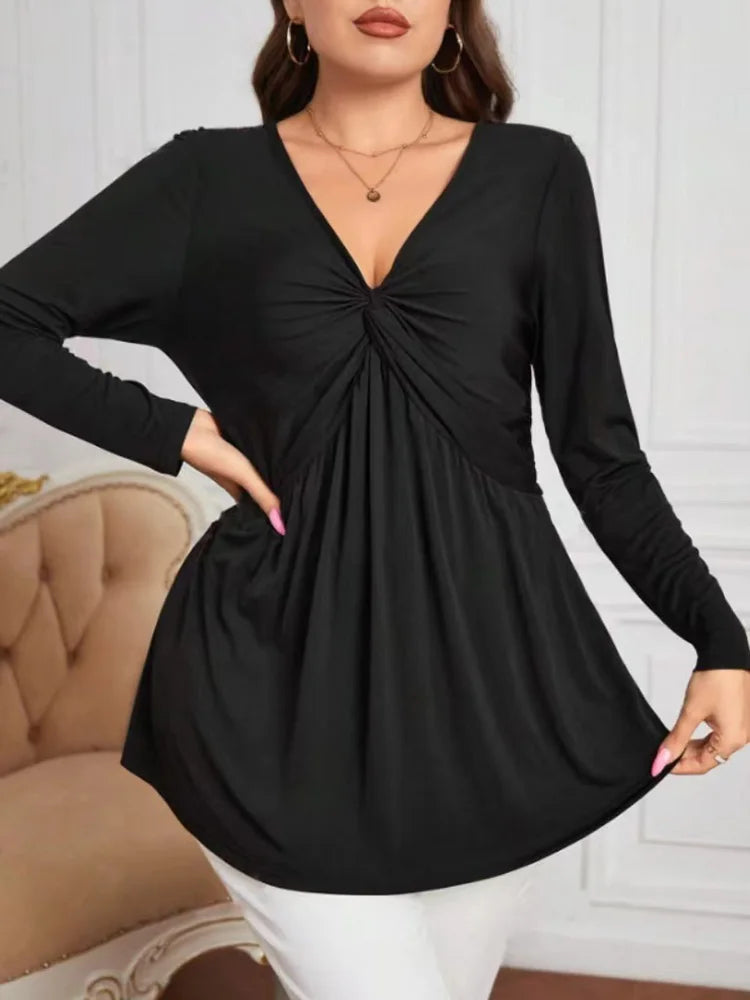 Plus Size Twist Front V-neck Casual Long Sleeve Slim-fit Blouse