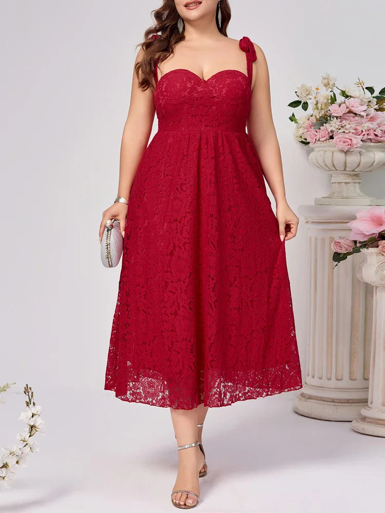 Plus Size Solid Lace Elegant Straps Backless High Waist Sleeveless Dress