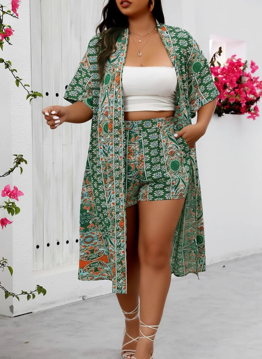 Women’s Plus Size Long Kimono Cardigan with Shorts Two Piece Set