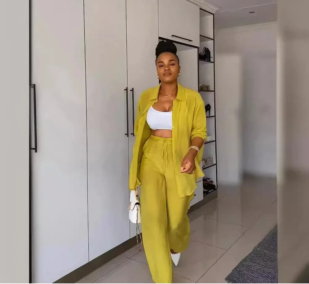Women's Full Sleeve Single Breasted Shirts & Wide Leg Pants Set