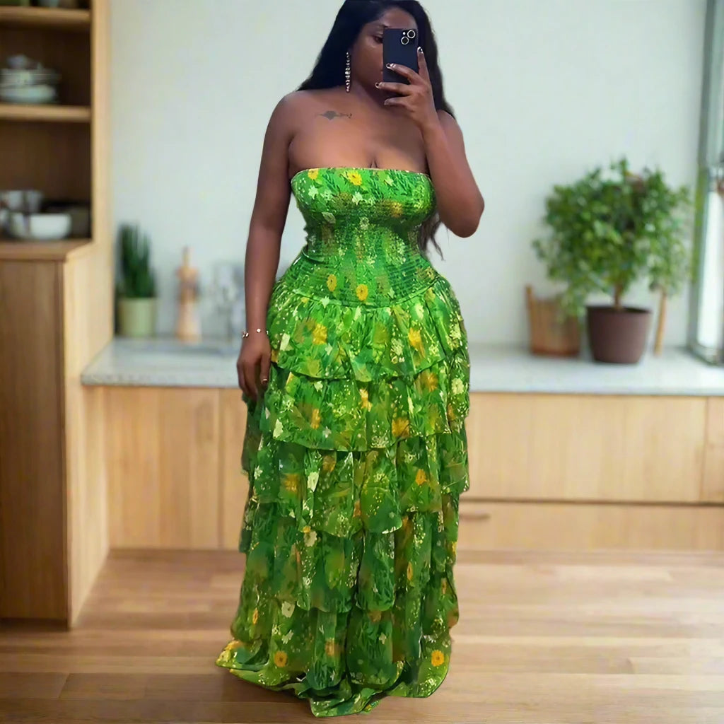 Women’s Strapless Floral Printed Tiered Ruffles Maxi Dress
