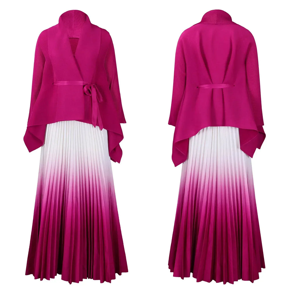 Gradient Women's Full Sleeve V-Neck Blouse with Beltt and Pleated Maxi Skirt Set