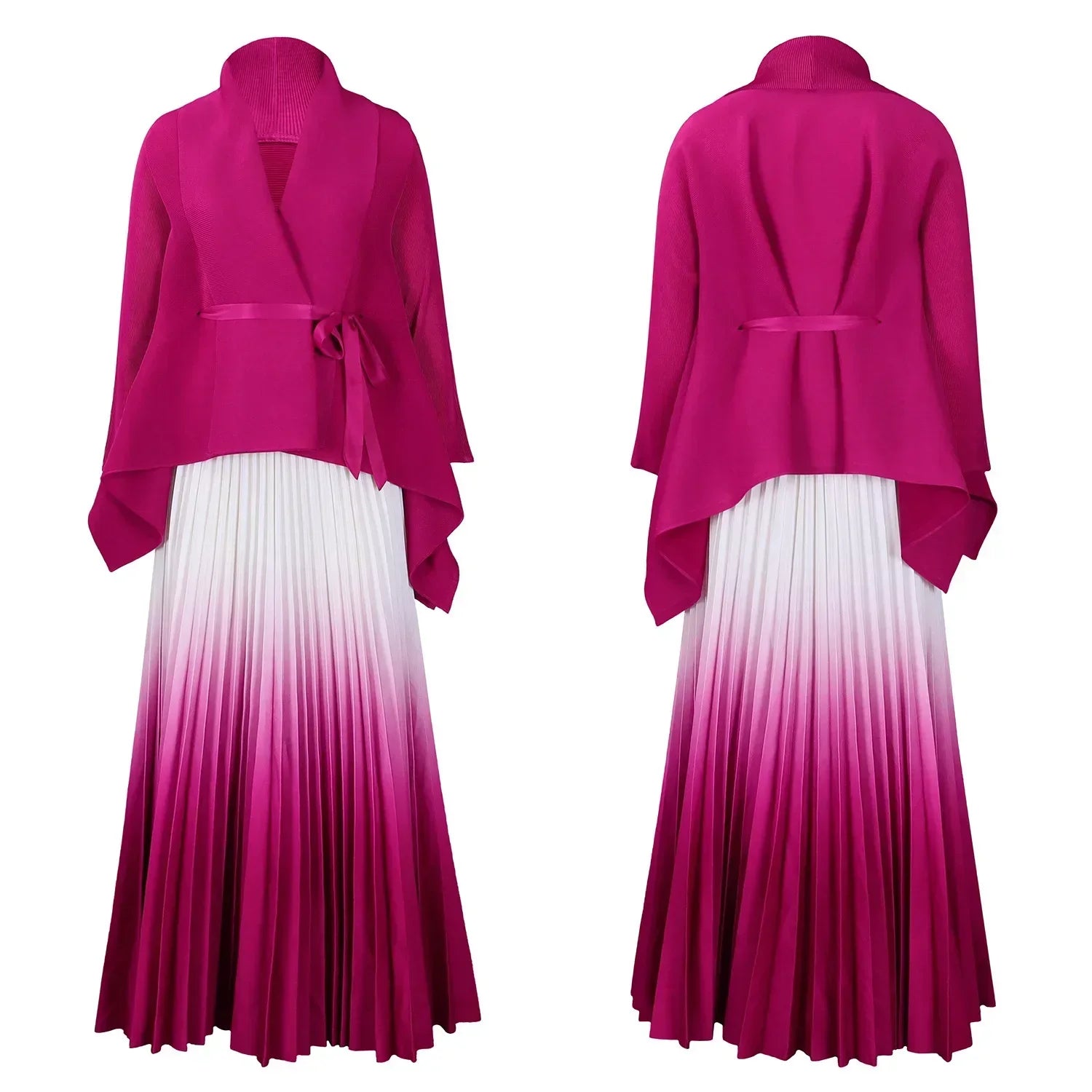 Gradient Women's Full Sleeve V-Neck Blouse with Beltt and Pleated Maxi Skirt Set