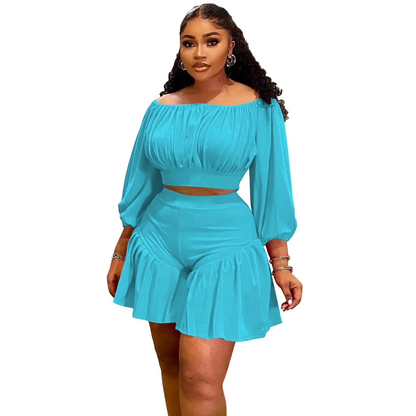 Plus Size Women's Long Sleeve Slash Neck Blouse and Shorts Set