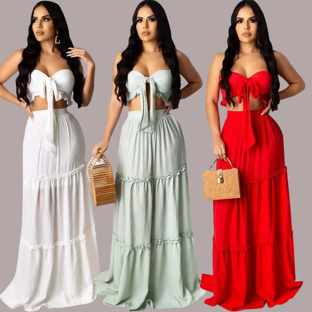 Women’s Solid Bohemian Bow Strapless Crop Top & Cascanding Ruffles Maxi Skirt Two Piece Set