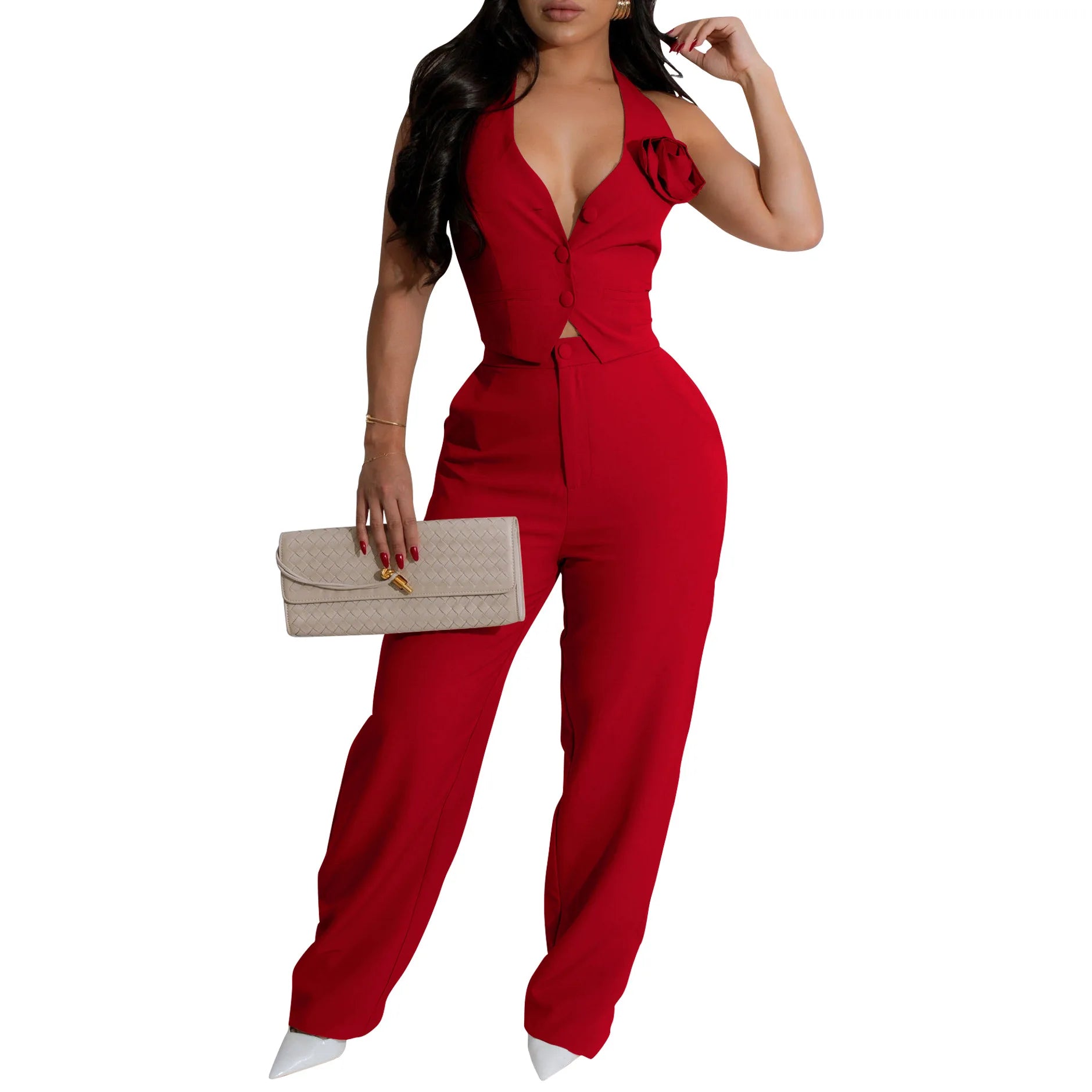 Women’s Sleeveless V Neck Halter Flower Blazer Vest Top & Wide Leg Pants