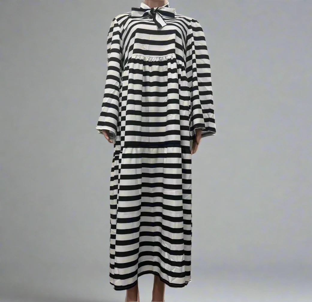 Women’s Striped Bowknot Collar Long Sleeve High Waist Babydoll Maxi Long Dress