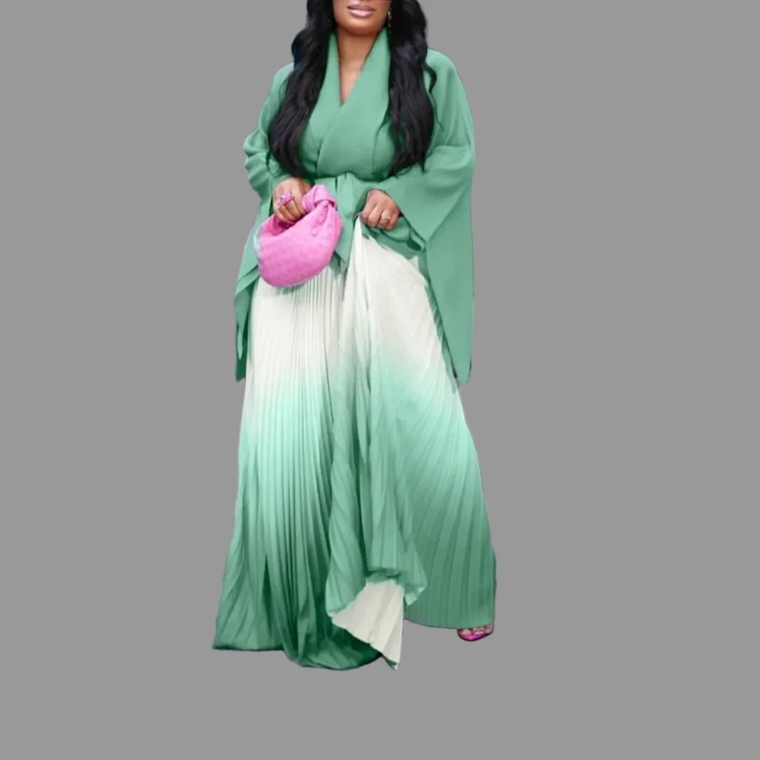 Gradient Women's Full Sleeve V-Neck Blouse with Beltt and Pleated Maxi Skirt Set