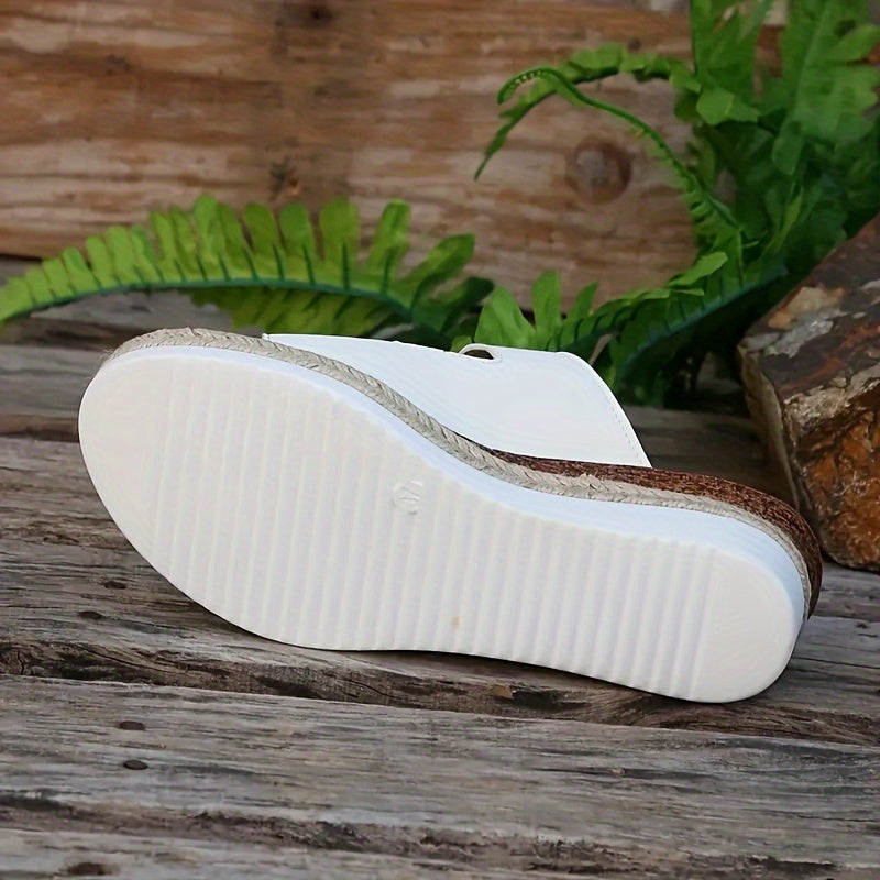 Slip-On Platform White Wedge Heels with Adjustable Metallic Buckle Strap Sandals
