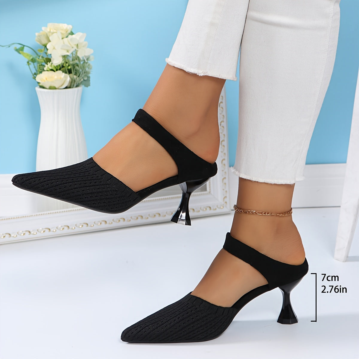 Slingback Pointed Toe Knit Fabric Slip-On Flared Stilettos