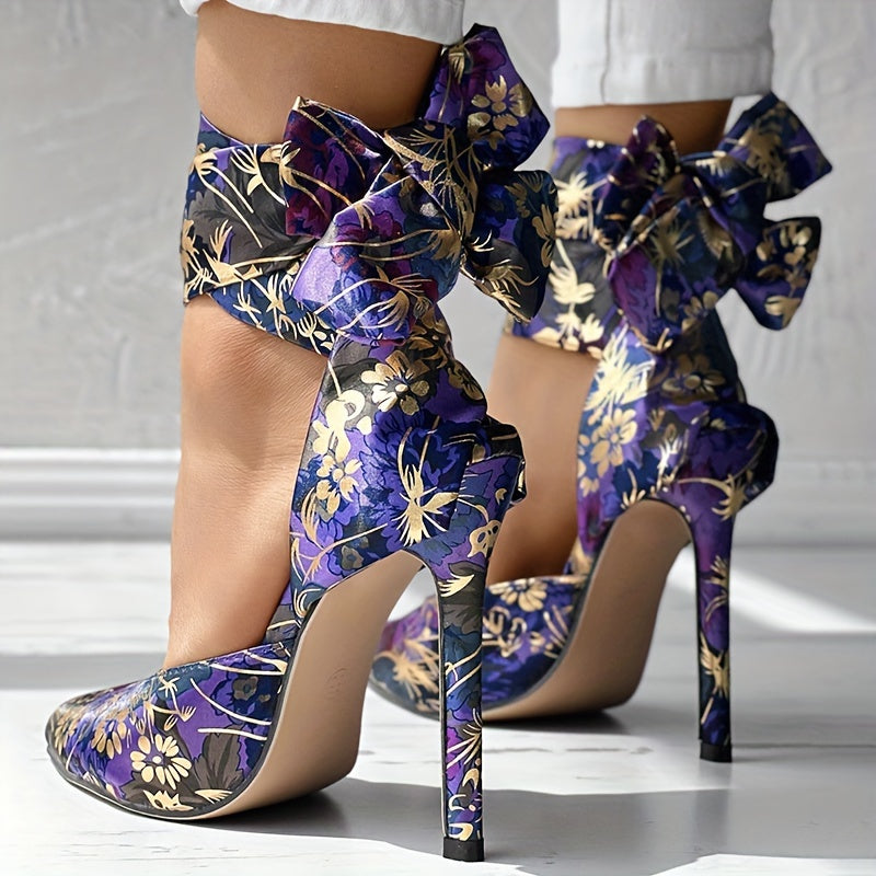 Floral Stiletto Pointed Toe Ankle Strap Ultra-High Heels