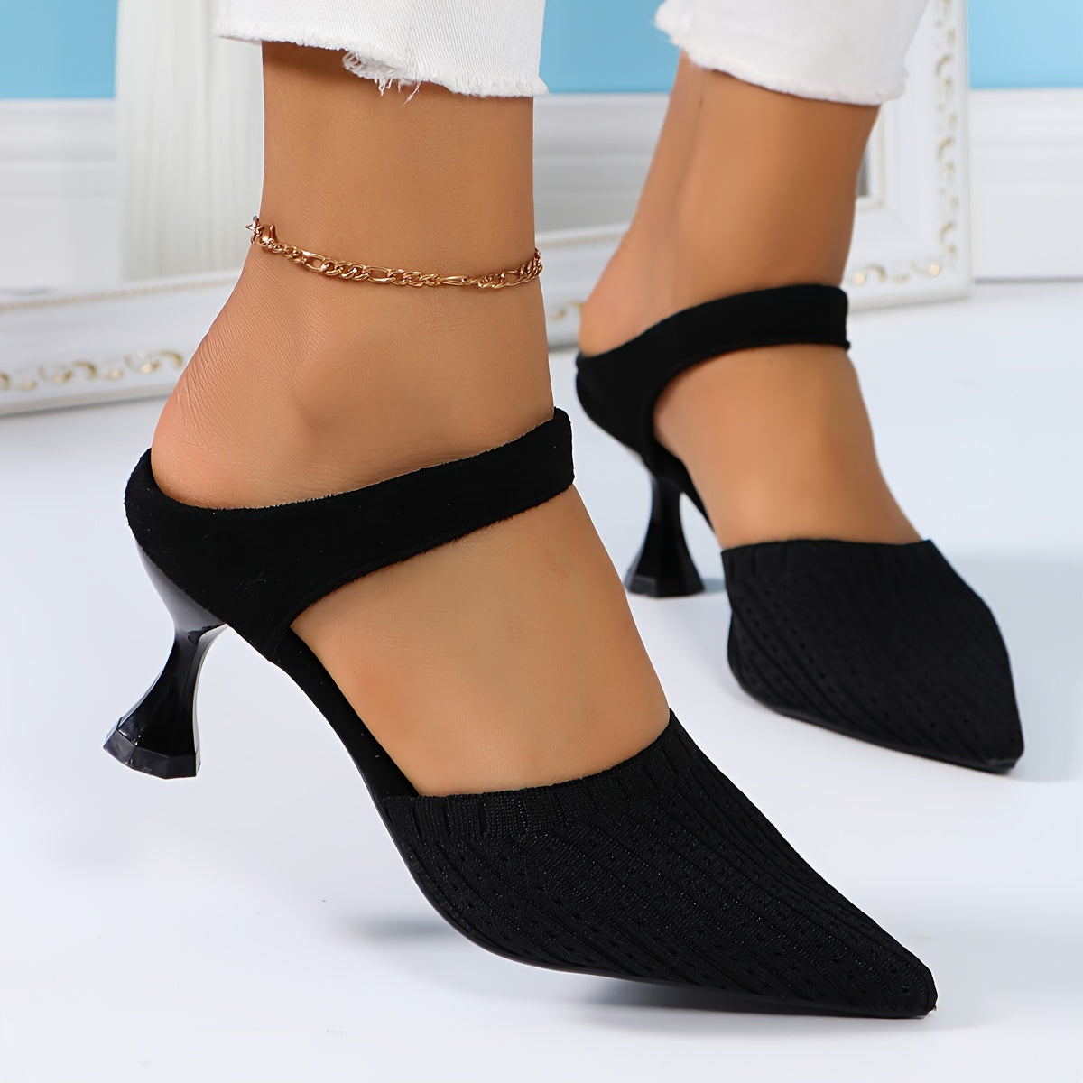 Slingback Pointed Toe Knit Fabric Slip-On Flared Stilettos