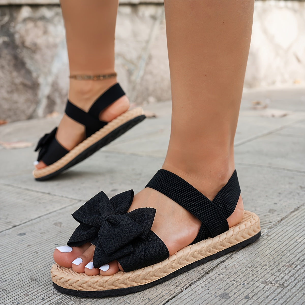 Bow-Adorned Round Toe Flat Sandals with Elastic Ankle Strap