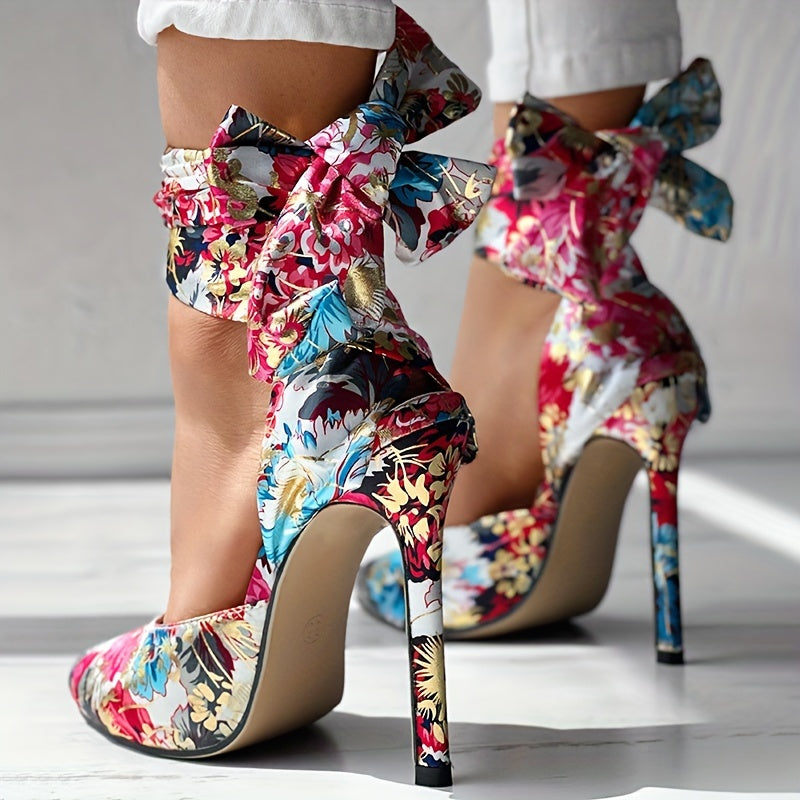 Floral Stiletto Pointed Toe Ankle Strap Ultra-High Heels