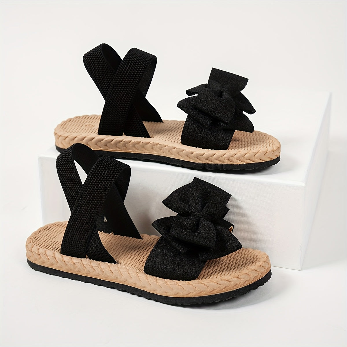Bow-Adorned Round Toe Flat Sandals with Elastic Ankle Strap