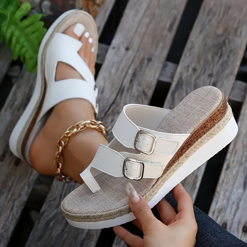 Slip-On Platform White Wedge Heels with Adjustable Metallic Buckle Strap Sandals