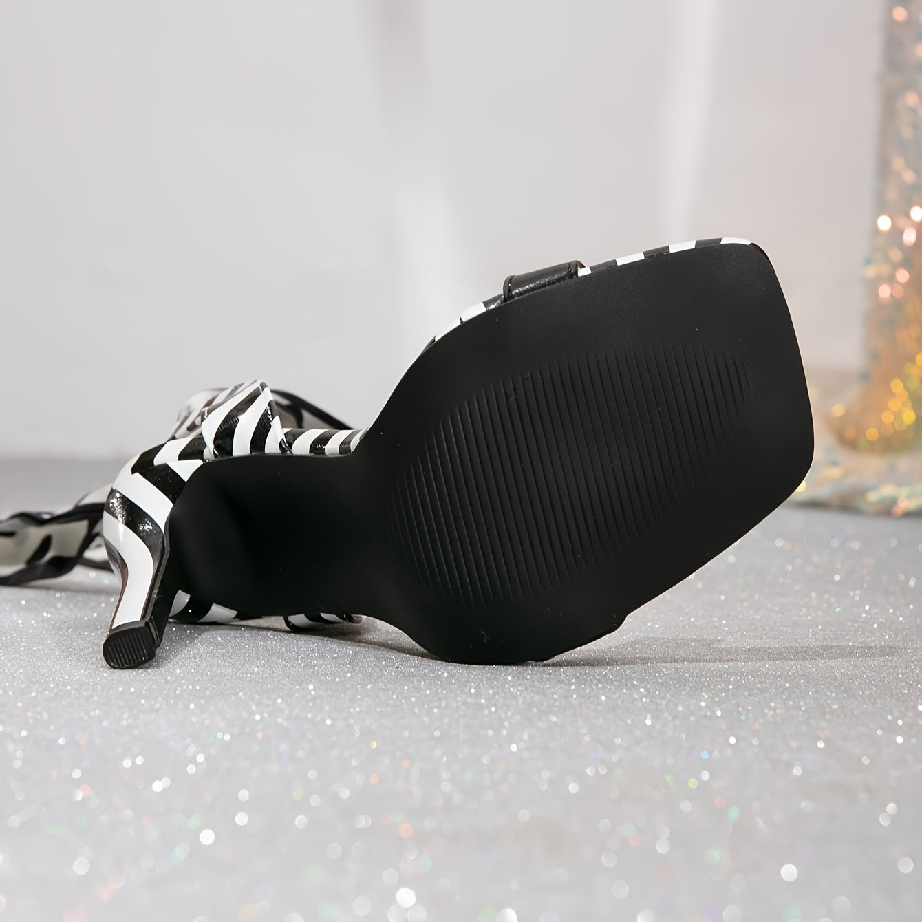 Chic Black & White Striped Open-Toe Stilettos with Polka Dot Bowknot Strap