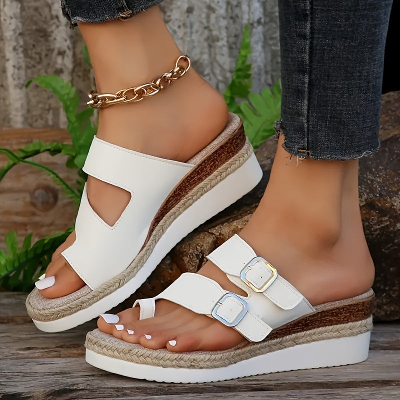 Slip-On Platform White Wedge Heels with Adjustable Metallic Buckle Strap Sandals