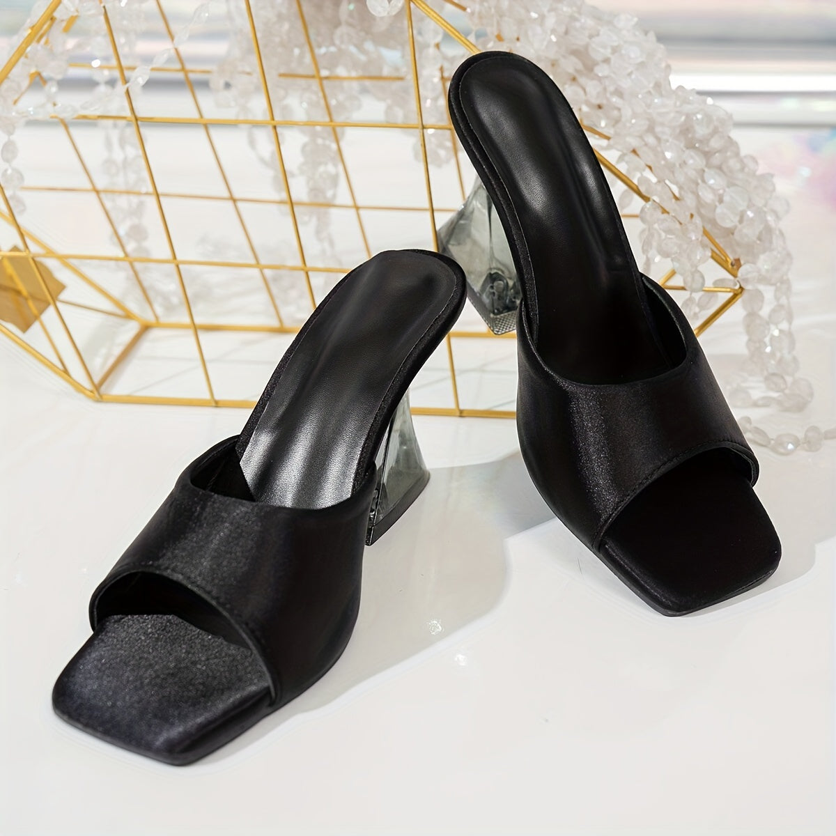 Slip-On Open Toe Pumps with Unique Chunky Heels