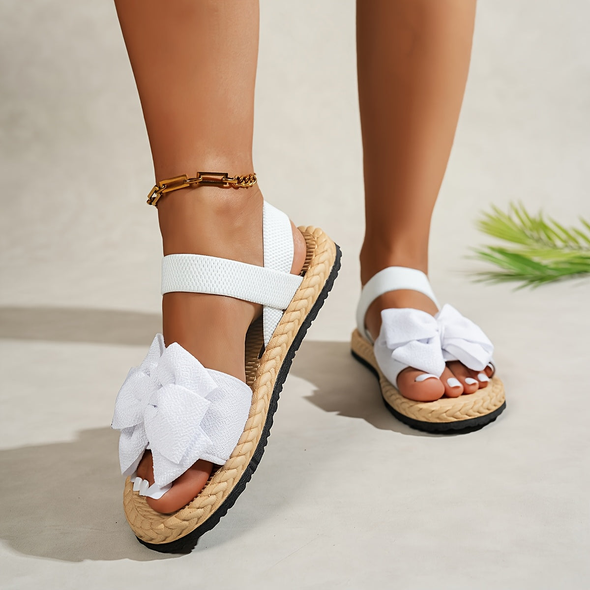 Bow-Adorned Round Toe Flat Sandals with Elastic Ankle Strap